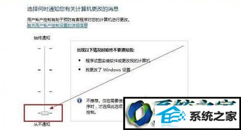 把滑块移至底部“从不通知” win10系统lenovo联想笔记本电脑弹出"无法验证发行者"的解决方法